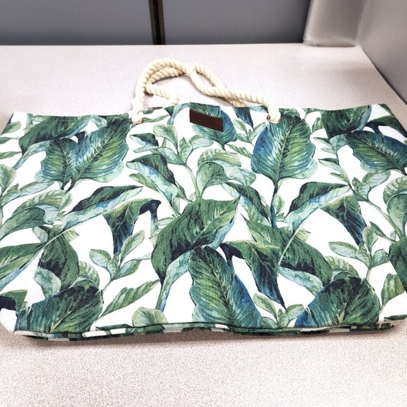 Canvas Tote Bag Large - NWT - Green Leaves Print - Picture 2 of 9